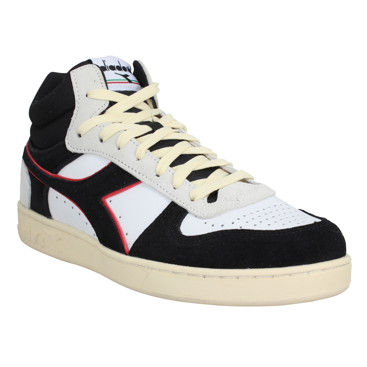 Baskets DIADORA Magic Basket Demi cut cuir velours Homme Noir Blanc Rouge