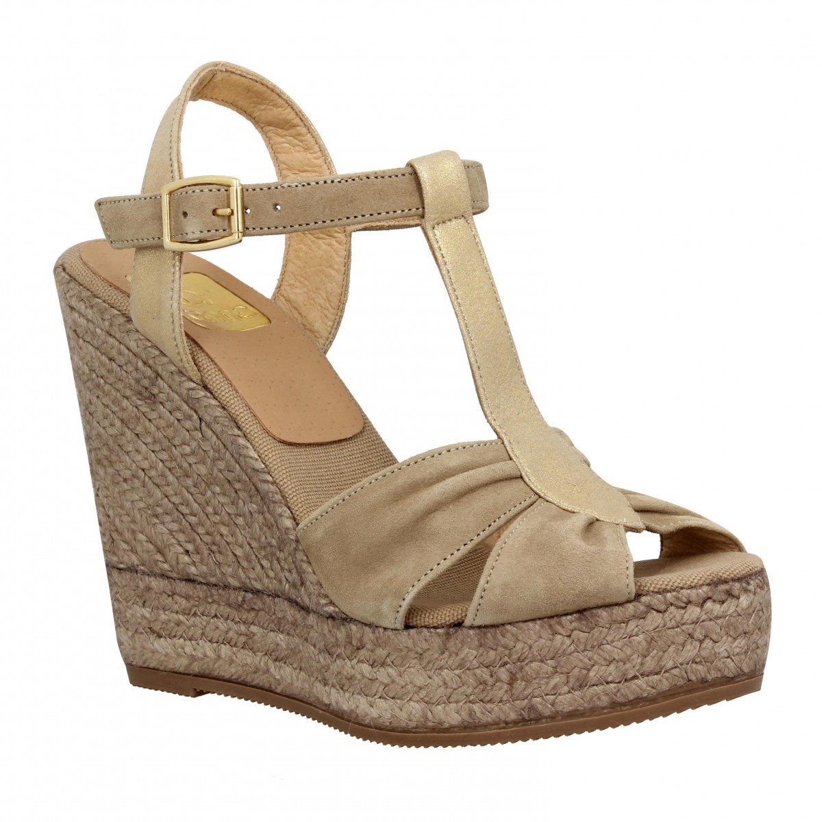 Compensées KANNA 1576 velours + cuir Femme Taupe + Or