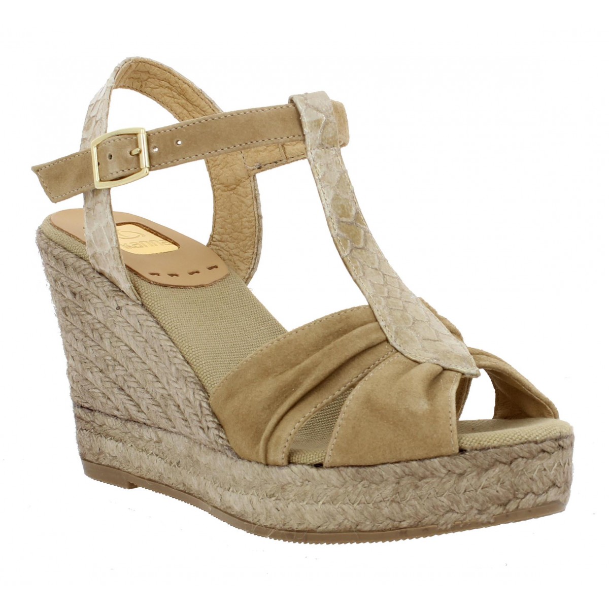 Compensées KANNA 1576 velours + reptile Femme Camel + Moka