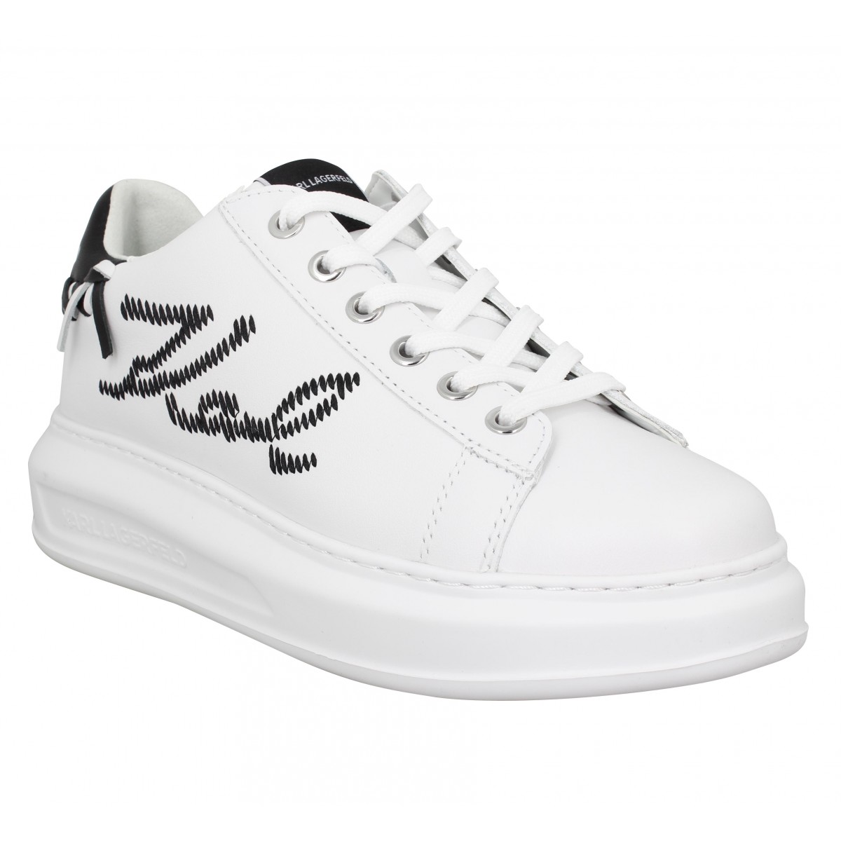 Baskets KARL LAGERFELD Kapri Whipstitch Lo Lace cuir Femme Blanc Noir