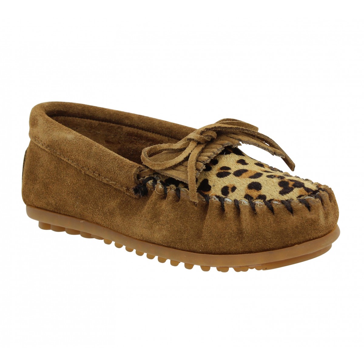 Mocassins MINNETONKA Kilty velours + leopard Enfant Marron